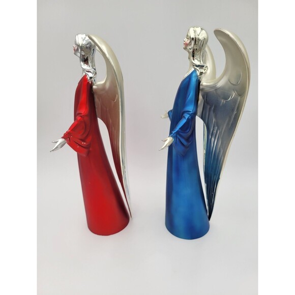 Lot Of 2 Plastic Silver Tone Angel Figurines Red & Blue Table Decorations 12" - Picture 8 of 13